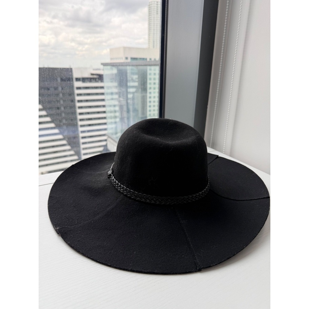 RED Saks Fifth Avenue Black 100% Wool Wide Brim Fedora Floppy Hat Braided Band